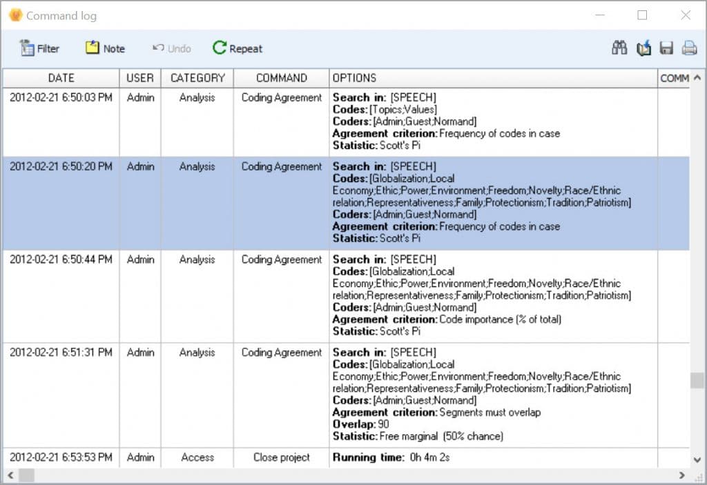 QDA Miner Command Log: Keep track of any project changes